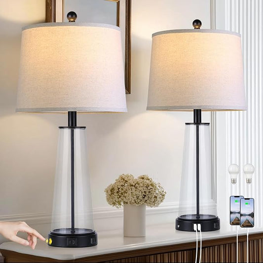 26" Glass Table Lamp Set of 2 with USB C+A Ports and AC Outlet, 3 Way Touch Modern Bedside Lamps for Night Stands, Black Nightstand Lamps for Bedroom Living Room