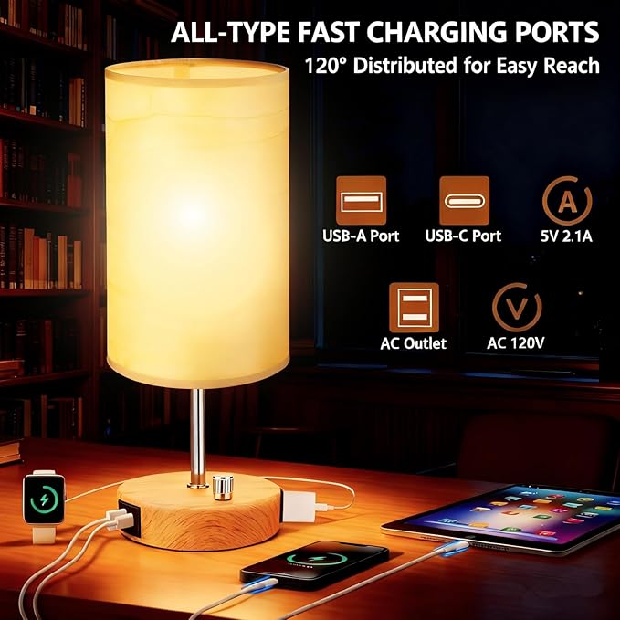 HiBay 17.75" Dimmable Bedside Table Lamp with Charging Station - 2 USB Ports & AC Outlet, Rustic Wood-Grain Nightstand Light with Parchment Shade for Bedroom Living Room Dorm, Bulb Included