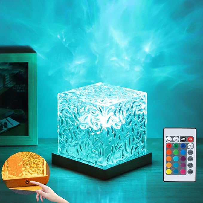 Aurora Ocean Wave Lights Projector, Cordless Rechargeable,16 Colors Changing Light Dimmable Mood Lighting, Remote Crystal Night Lamp with Dynamic Ripple Effect for Bedroom Playroom Decor Kids Teens