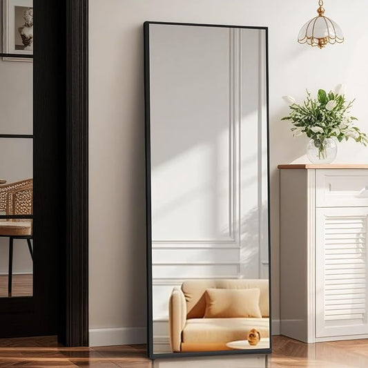 Full Length Mirror with Stand, Shatterproof Full Body Mirror, Aluminum Alloy Thin Frame - Freestanding/Leaning/Wall Mount for Bedroom, Living Room & Entryway (Black)