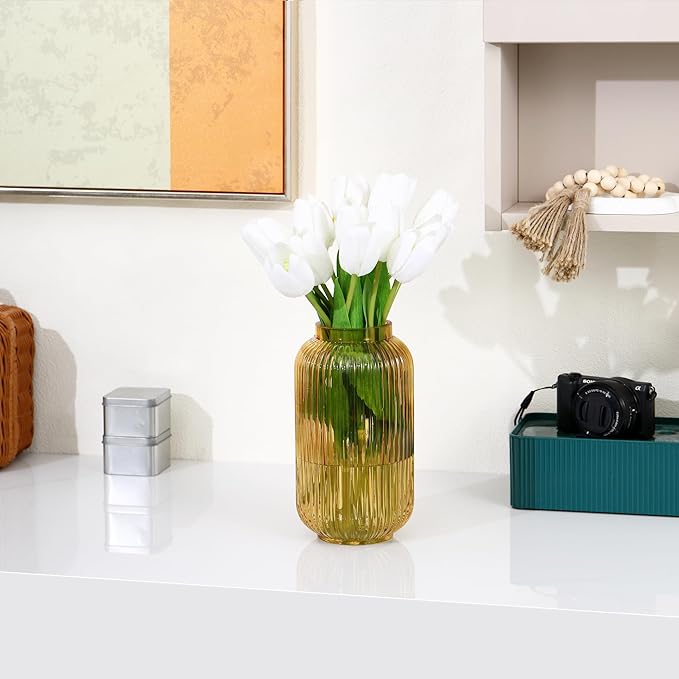 Ribbed Glass Vase, Amber Flower Vase for Bouquet, Glass Vases for Flowers, Modern Vases for Living Room, Bedroom, Kitchen, Dining Table, Office, Wedding, 8.6 Inches