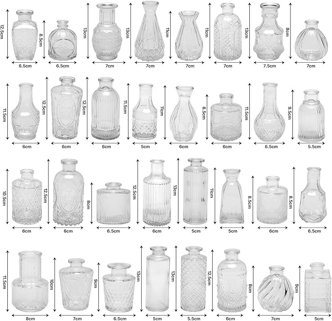 32 PCS Clear Glass Bud Vases Set,Small Flower Arrangement Vase,Vintage Crystal Glass Design,Wedding,Party Decoration,Home Flower Arrangement (32)