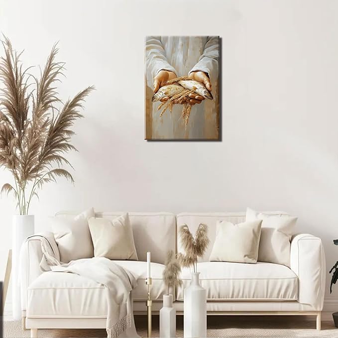 Jesus Feeds the 5000 Canvas Wall Art Christian Five Loaves and Two Bible Scripture Wall Decor Pictures 5 Bread and 2 Fish Posters Prints for Dining Living Room Kitchen Wall Bedroom Decoration12X16in