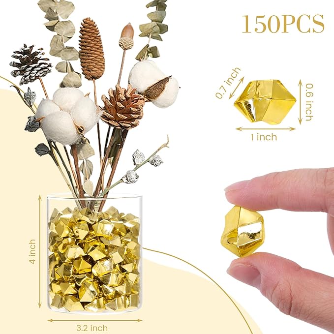 DomeStar 150PCS Gold Acrylic Ice Rocks – Faux Gold Gems Nuggets Vase Fillers for Table Scatter Centerpieces, Glitter Party Decorations, DIY Crafts, Pirate Party, Treasure Hunt Game
