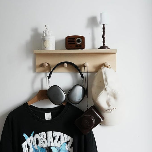 Entrance Coat Rack ，Coat Hooks, Wall-Mounted Wooden Hook Rack, Wall-Mounted Shelves are Very Suitable (Birch Colored Finish)