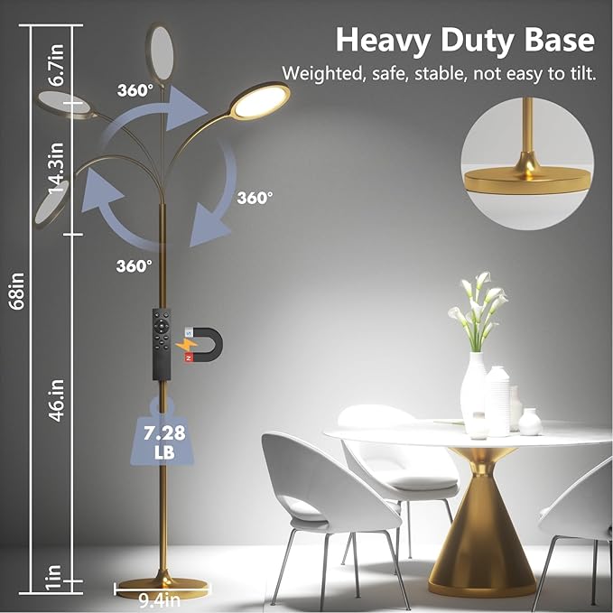Gold Floor Lamp,Super Bright Dimmable LED Floor Lamps for Living Room, Custom Color Temperature Standing Lamp with Remote Push Button, Adjustable Gooseneck Reading Floor Lamp for Bedroom Office