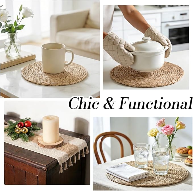 Boho Placemats Set of 16-8pcs 11.8 in Round Woven Rattan Place Mats & 8pcs 11.8” x 17” Cotton Braided Placemat for Dining Table Decor, Rustic Farmhouse Wicker Dinner Charger Plates Heat Resistant