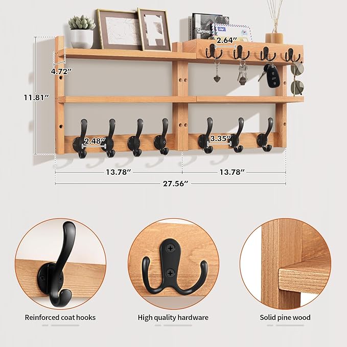 Coat Rack Wall Mount with Shelf, Pine Two-Tier Wall Shelf Mounted Coat and Key Hanger with 7 Heavy Duty Hooks 4 Key Hooks, Entryway Key Holder with Mail Holder for Bedroom,Living Room (Wood)