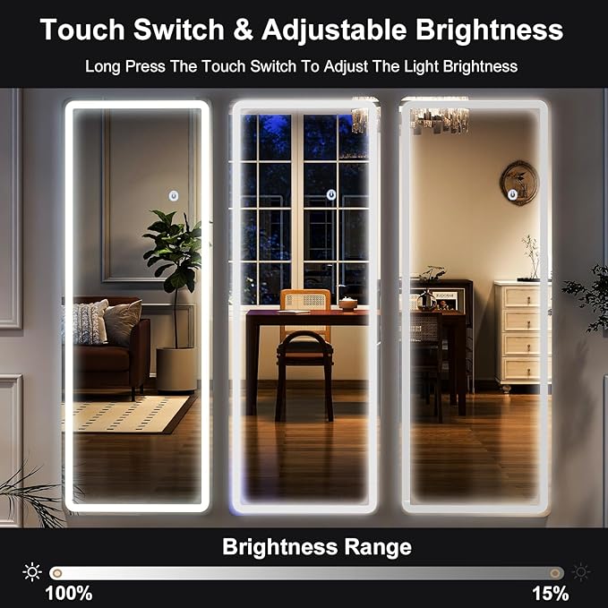 HARRITPURE LED Full Length Mirror - 64"x21" Rounded Corner Floor Mirrors with Stand, Large Standing Mirror with Lights for Bedroom/Cloakroom -Dimmable & 3 Color Lighting/Wall Mounted