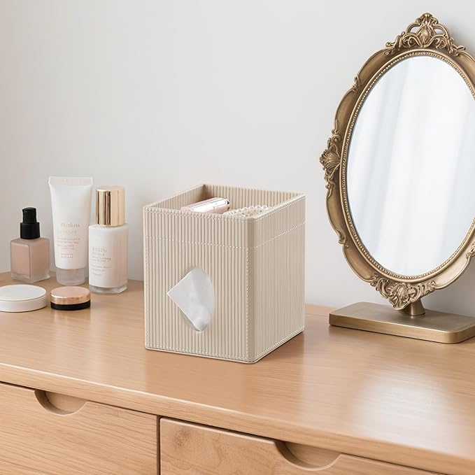 Square Tissue Box Cover with Tray, PU Leather Tissue Box Holder Decorative Cube Tissue Holder for Bathroom Bedroom Office (Beige)