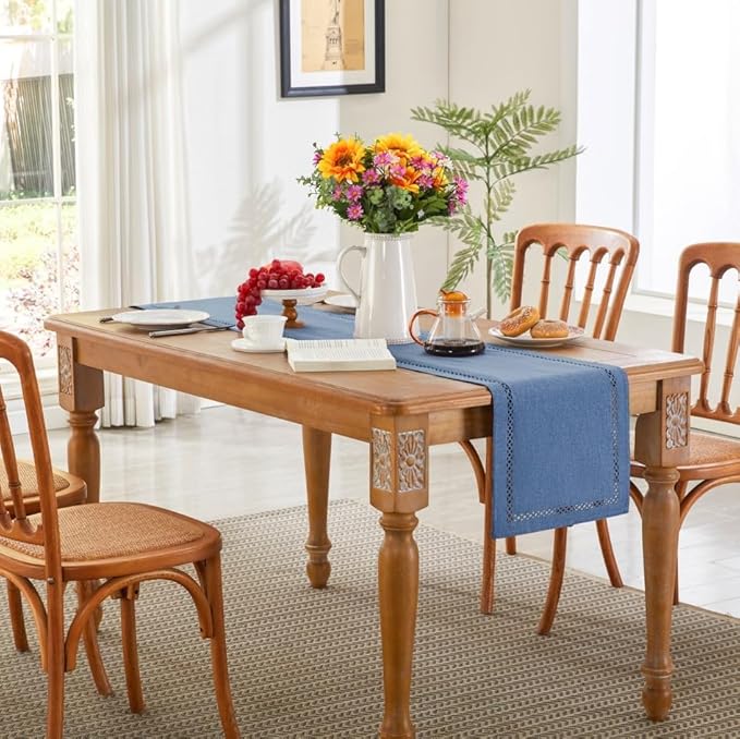 Burlap Style Farmhouse Table Runner, 13 x 36 Inch Blue, Rustic Geometric Hollow Table Runners 36 Inches Long for Dresser Table Everyday Use, 13x36 Inches, Blue