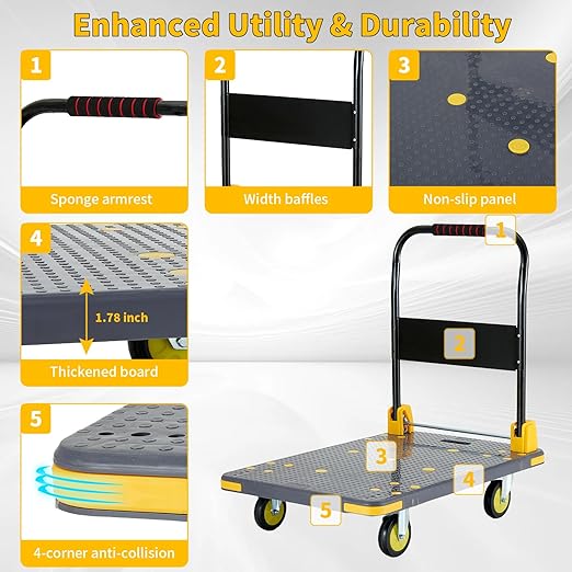 Push Cart Dolly - Foldable Heavy - Duty Flatbed Platform Cart with 360 - Degree Rotating Wheels for Moving in Food Truck and Trailer, Load Capacity 660 lbs, Black Gray