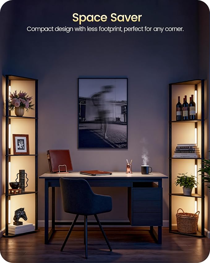 GOEBLESON 63.4” Display Shelf with Light, Modern Corner Floor Lampe with Shelves, LED Dimmable Standing Lamp with Remote for Living Room, Bedroom, Office, Adjustable CCT, Black Triangle B55LD05