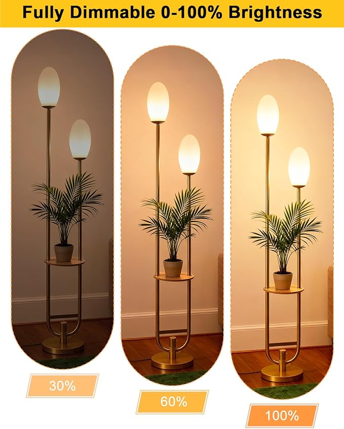 Lightdot Gold Dimmable Floor Lamp with 2 Oval Lampshades, Unique U-Shaped Tall Standing Lamps with Table& Warm White LED Bulbs, Mid Century Modern Floor Lamp for Living Room/Bedroom/Wedding/Party