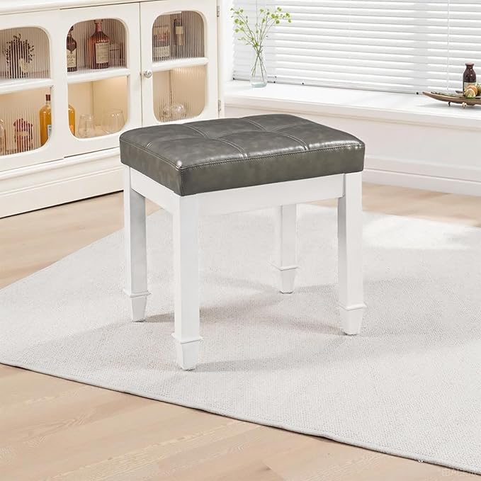 Vanity Stool Bench with Faux Leather Upholstered , Makeup Dressing Bench with Solid Wood Leg, Piano Bench Stools, Child Stool,18.5"L x 14.2"W x 18.5"H Stools, White Leg & Dark Gray Surface FD2405PGY