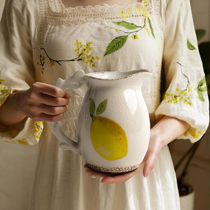 DIF Deco Vintage Lemon Ceramic Vase, Ice Glazed Crack Farmhouse Pitcher Vase for Shelf, Centerpiece Table,Room,Bathroom,Bedroom,Living Room,Office Decorations(6.4 inch)