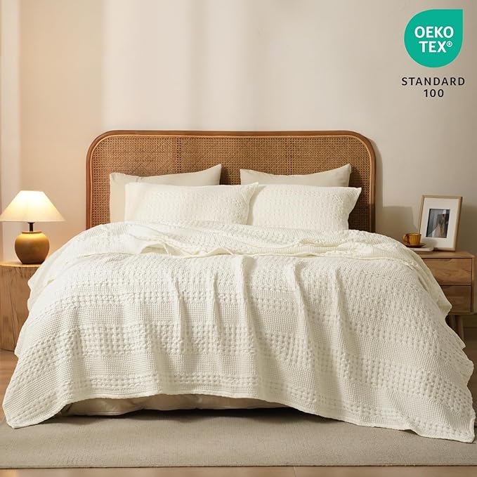 PHF 100% Cotton Waffle Weave Blanket Twin Size for Bed, Soft Lightweight & Breathable, All-Season Comfort, 300 GSM Luxury Aesthetic Blanket for Home Decor, 66"x90", Cannoli Cream