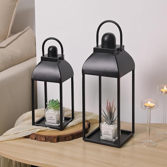 Lanterns Decorative Outdoor Indoor, Black Metal Outdoor Lanterns, 17'' 13'' Set of 2 Modern Farmhouse Candle Lantern Christmas Lanterns Centerpieces for Home, Wedding, Patio, Porch, Mantel