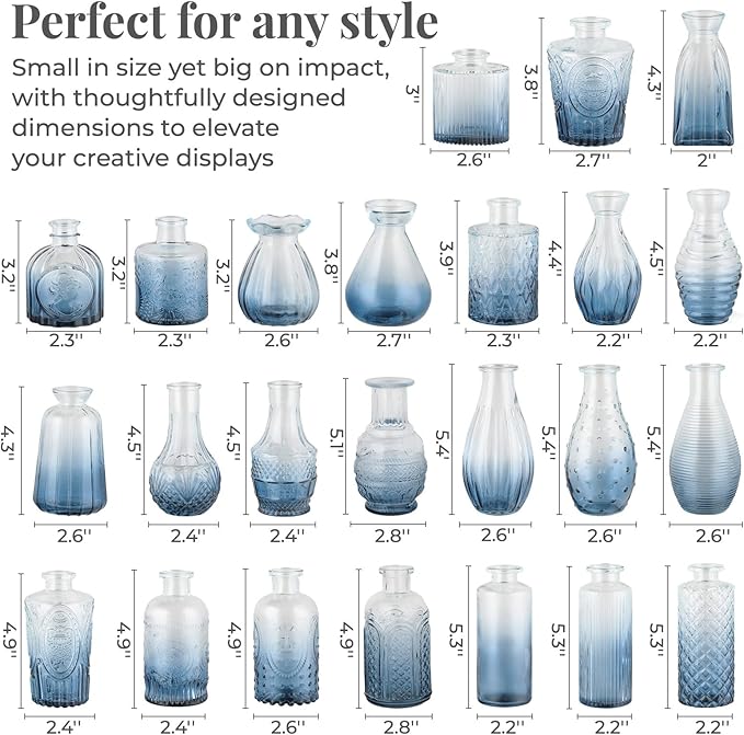 24 Pack Bud Vase in Bulk - BEAHOT Blue Flower Vases for Wedding Decorations, Glass Vase for Table Decorations, Small Vase for Home, Mother's Day, Centerpieces, Party, Office (Blue Gradient)