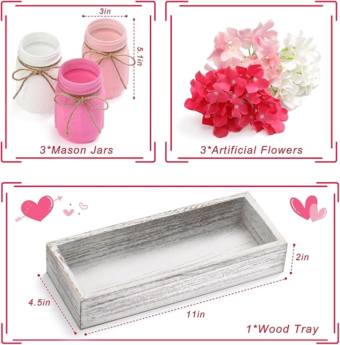 Valentines Mason Jar Centerpiece for Table with Wood Tray, Pink Painted Decorative Mason Jars for Valentines Decorations Table Kitchen Decor, Mothers Day Mason Jar, Mom Gift for Women