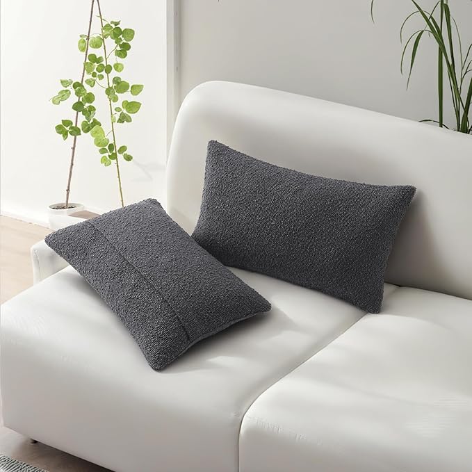 HAUSSY Set of 2 12x20 Decorative Throw Pillow Covers, Soft Cozy Textured Boucle Lumbar Pillow Cases, Home Decor for Couch Bed Living Room, Dark Grey
