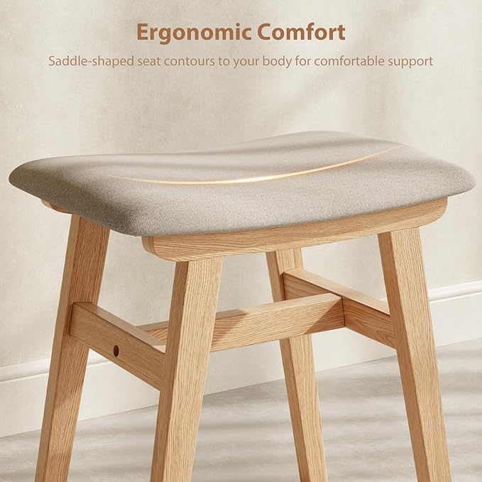 Solid Wood Vanity Stool, Compact Makeup Chair with Saddle Cushion, Linen-Covered High Rebound Sponge Seat, Easy Assembly Footstool for Bedroom, Entryway, Home, Natural