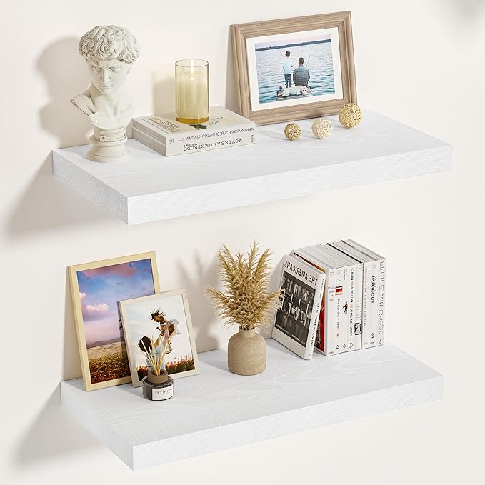 Vivelove White Floating Shelves 12 Inches Deep, [Wood Grain Texture] 23.6x12 Floating Shelves for Wall with Invisible Brackets, Room Shelves for Living Room Bedroom Bathroom Kitchen Office, Set of 2
