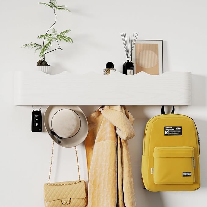Coat Rack Wall Mount with Shelf 5 Hidden Hooks Modern Wooden Key Holder Entryway Organizer for Hallway Bedroom Bathroom Home Decor Storage for Hanging Coats Hats Bags Towels, Wave-Shape White