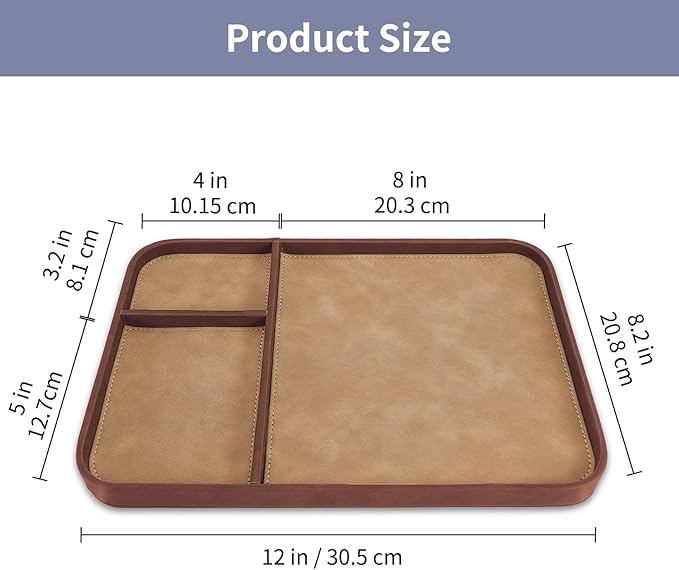 SITHON Valet Tray Trendy Organizer, Premium PU Leather Stylish and Organized Multifunctional Catchall Bedside Vanity Tray Nightstand Caddy Holder for Keys, Watch, Wallet, Jewelry and More (Brown)