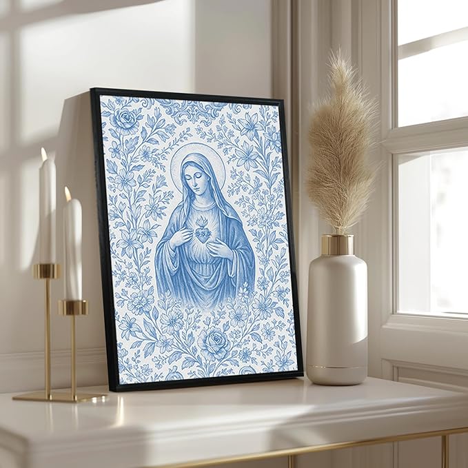 Framed Blue Virgin Mary Immaculate Heart Canvas Wall Art Christian Catholic Wall Decor Our Lady of Guadalupe Portrait Poster Prints Religious Bible Artwork for Living Room Prayer Room Church 16x24in