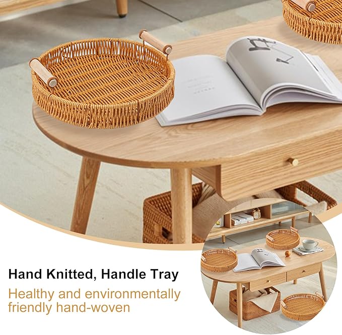 4 Pack 9.7 inch Round Rattan Tray, Round Woven Serving Basket with Handles, Storage Rattan Serving Trays for Home, Restaurant & Hotel Use, Durable & Easy-Cleaning