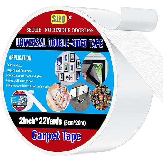 SJZQ Double Sided Carpet Tape 2 in x 22 yd Heavy Duty - Strong Adhesive for Area Rugs, Mats, Stairs on Hardwood, Tile, Concrete Floors No Residue Removable