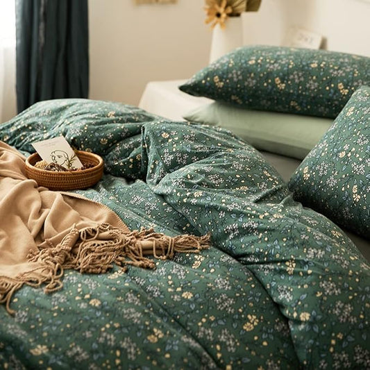 LifeTB Green Floral Duvet Cover Jersey Knit Cotton Duvet Cover King Size Vintage Flower Botanical Bedding Set Soft T Shirt Cotton Comforter Cover Chic Garden Style Bedding Cover with 2 Pillowcases