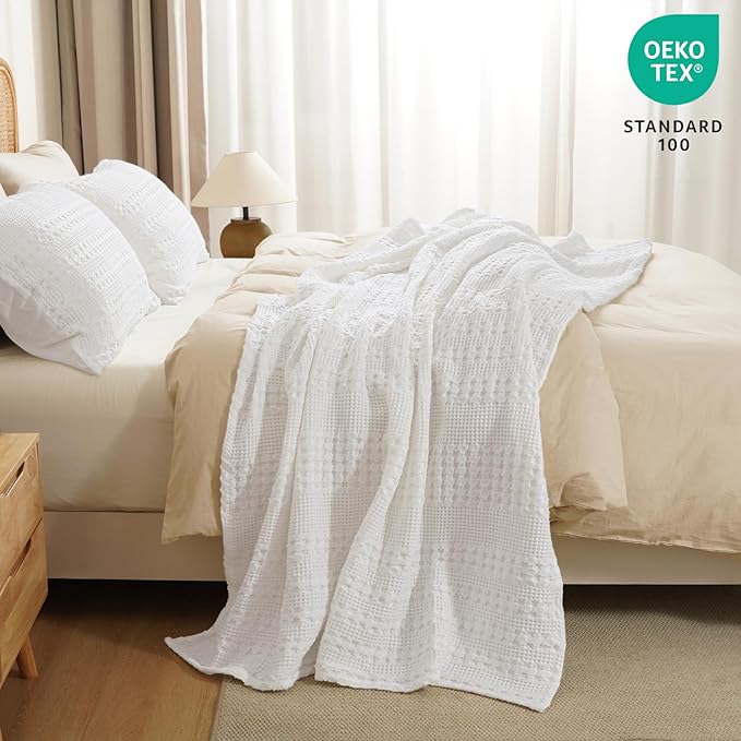 PHF 100% Cotton Waffle Weave Throw Blanket, Soft Lightweight Breathable Cozy Throws for Couch Bed Sofa, 300 GSM Luxury Aesthetic Blanket Gift for Home Decor & Office, 50"x60", White