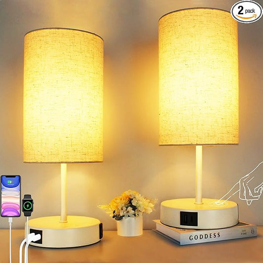 HiBay 2-Set 17.75" Touch Bedside Table Lamps with USB Charging Ports & AC Outlet, Modern White 3-Way Dimmable 800lm LED Nightstand Lights with Fabric Shade for Bedroom Living Room Dorm