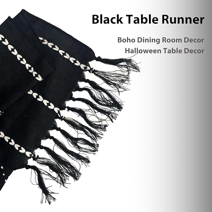 Niviy Halloween Black Table Runner 90 Inches Long, Fall Black Embroidered Striped Braided Boho Table Runner for Holiday Home Party Indoor Outdoor 12 x 90 Inch