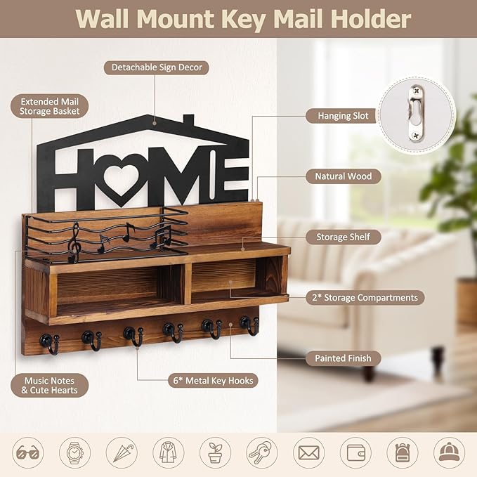 VIS'V Key Holder Wall Mount, Decorative Wooden Mail and Key Organizer with Storage Basket and Shelf, 2 Compartments, 6 Hooks, Brown