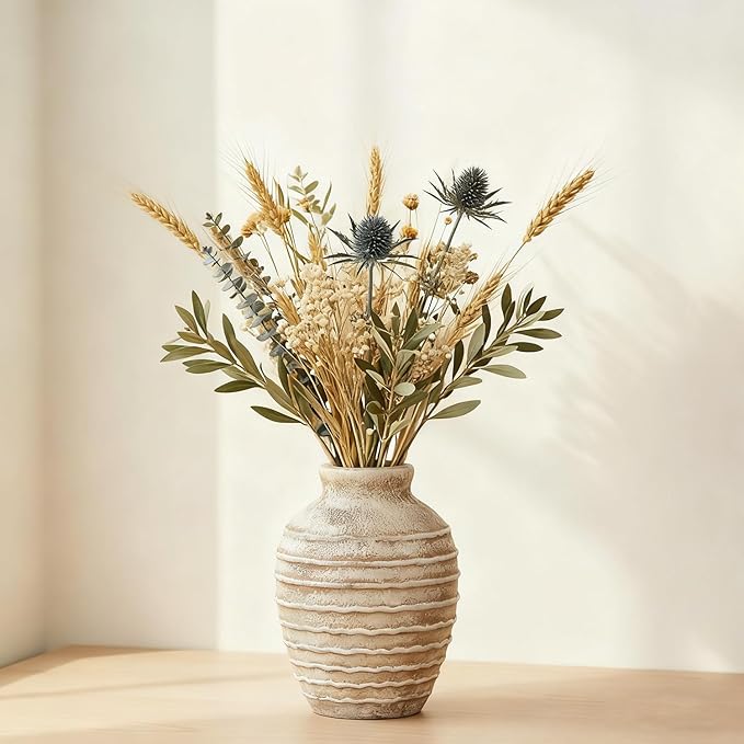 Ceramic Flower Vase, 6.7 inch Farmhouse Rustic Vintage Vases for Home Decor Table Living Room Entryway Book Shelf Fireplace Centerpiece (Rust)