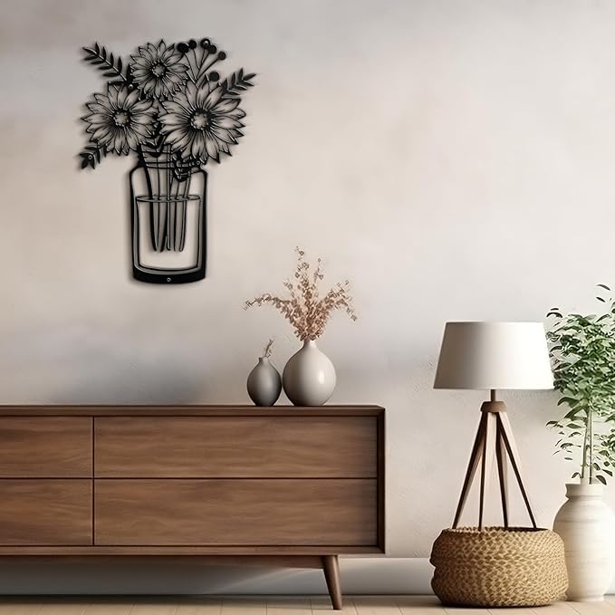SIGNLEADER Metal Wall Art Decor Sunflowers in Vase Minimalist Modern Abstract Wall Sculpture Hangings Home Decoration for Living Room, Bedroom, Bathroom, Kitchen, Outdoor - 18" Black