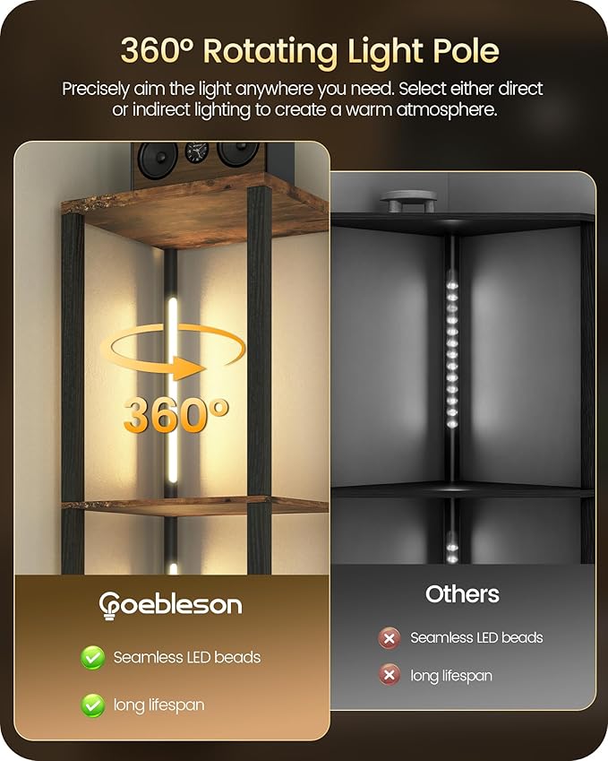 GOEBLESON 64.2" Display Shelf with Light, Modern Corner Floor Lampe with Shelves, LED Dimmable Standing Lamp with Remote for Living Room, Bedroom, Office, Adjustable CCT, Rustic Brown Square F51LD05