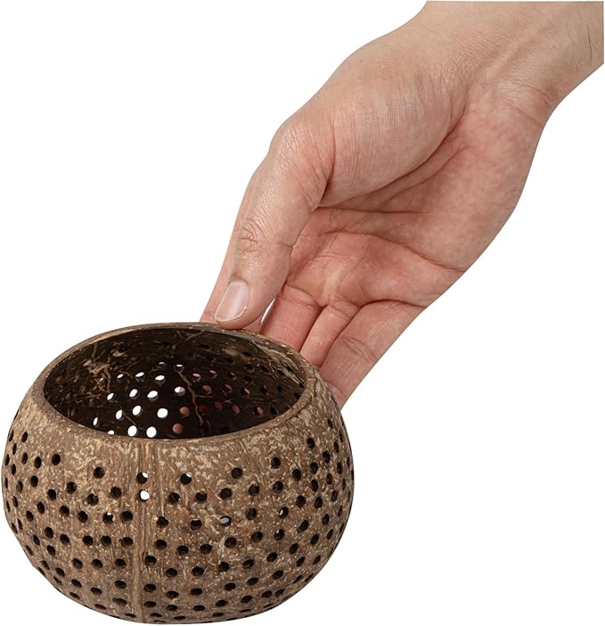 Restaurantware-Coco Casa 4 x 3.3 Inch Coconut Shell Candle Holders, 10 Reusable Tealight Holders - Candle Not Included, Dotted Pattern, Brown Coconut Bowls For Candles, Handcrafted,