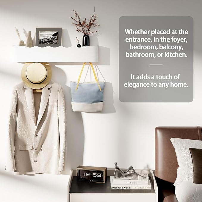Coat Rack Wall Mount with Shelf 5 Hidden Hooks Modern Wooden Key Holder Entryway Organizer for Hallway Bedroom Bathroom Home Decor Storage for Hanging Coats Hats Bags Towels, Wave-Shape White