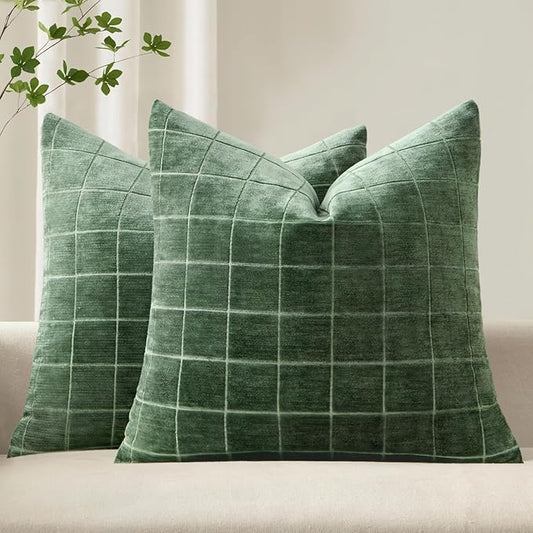MIULEE Decorative Chenille Check Euro Shams Throw Pillow Covers Vintage Plaid Couch Pillows 24x24 Inch Set of 2 Neutral Boho Cushions Modern Spring Home Decor for Sofa Bed Living Room Moss Green