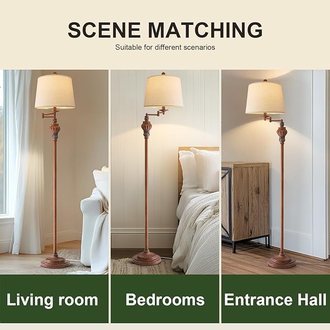 G-SAFAVA 61" Vintage Floor Lamp with 350° Adjustable Swing Arm, Standing Lamp for Bedroom Living Room Bedside Tall lamp Nightstand Retro Farmhouse Mid Century Lamp Light Home Décor Office Gifts