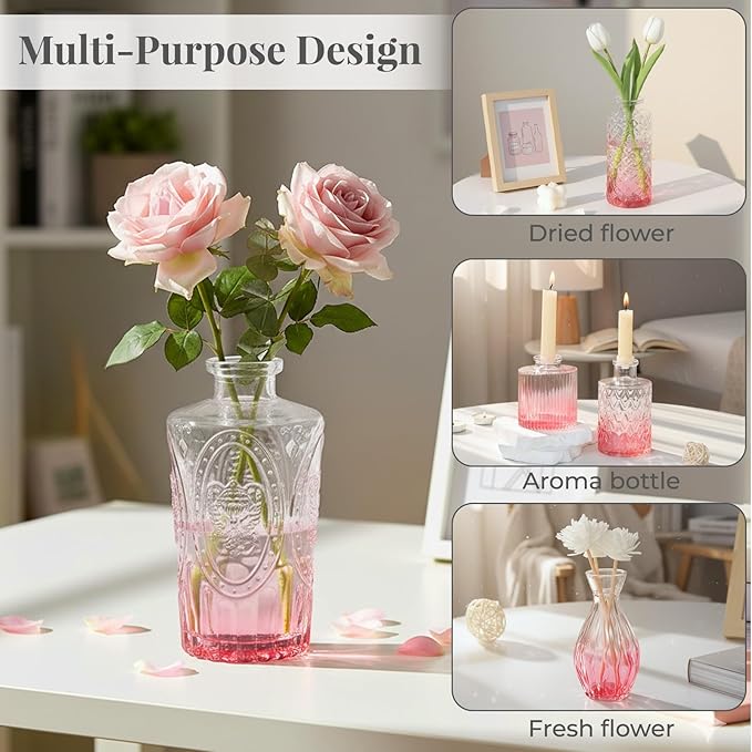 BEAHOT 24 Pack Pink Flower Vase in Bulk,Mini Vintage Glass Bud Vases for Centerpieces,Wedding Decor,Party & Home Decaration,Mother's Day (Pink-Gradient)