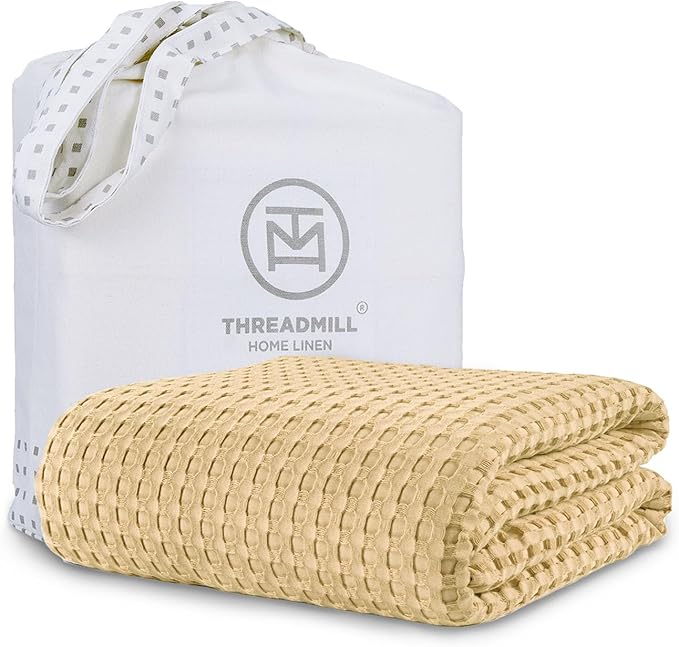 Threadmill Cooling Cotton Waffle Queen Size Blanket | Breathable, Lightweight & Ultra-Soft | Made from Rayon Derived from Bamboo | Cooling Throw Blanket for Couch and Sofa | 90 x 92 Inches | Beige