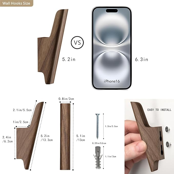 Wood Wall Hooks 4 Pack Coat Hooks Wall Mount Walnut Wooden Hooks for Hanging Hat, Bag, Backpack, Rustic Coat Hooks for Wall, Wood Towel Hooks for Bathrooms and Entryway Hooks (Walnut, Light)