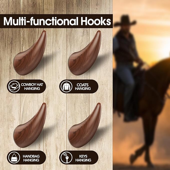 World’s Only - Unique Wall Hooks, 4 Pack Coat Hooks, Horn Shape Design, Decorative Bag Hooks, Cowboy Hat Rack for Wall – Natural, Space-Saving, Baseball Cap Organizer