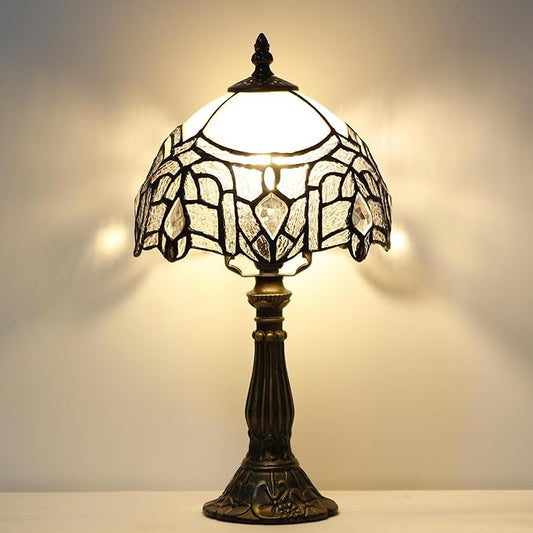 Small Tiffany Lamp Stained Glass Desk Lamp Vintage Tiffany Bedside Table Lamp for Home Living Room Bedroom Nightstand 8X15 Inch (White Bending Style)
