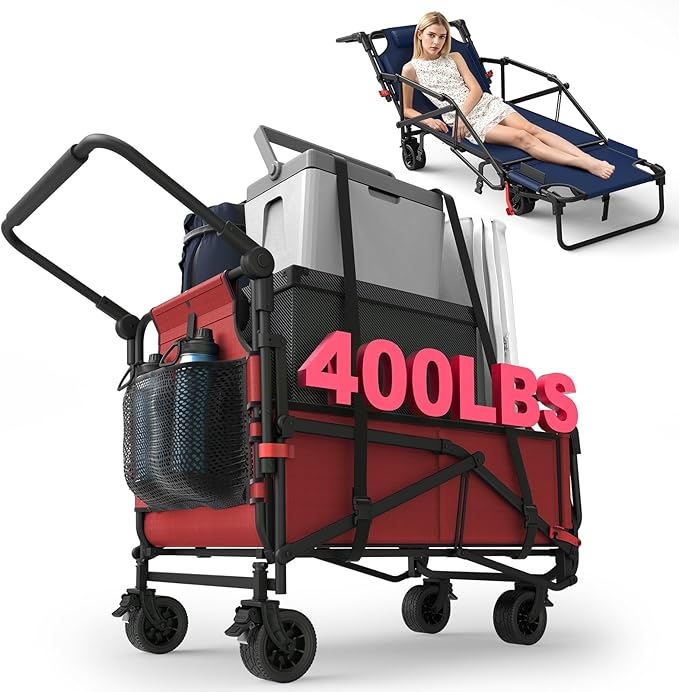 LEVELEVE Heavy Duty Folding Wagon - 2-in-1 Collapsible Cart, 400lb Capacity, All-Terrain Wheels w/Brakes & Side Pockets (Red)